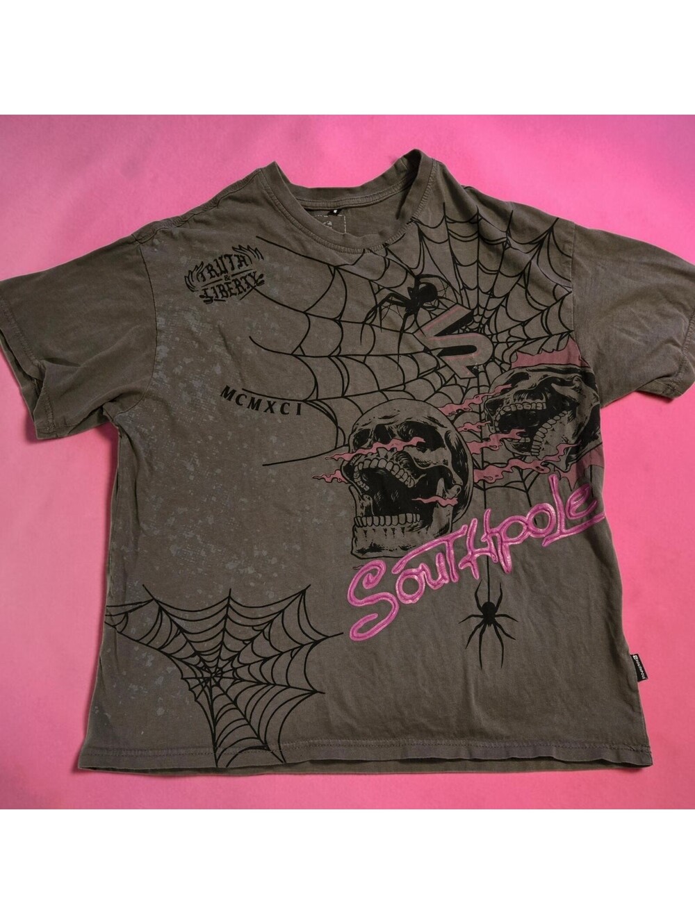 Southpole Skull Shirt Y2K Grunge Cyber Punk Distressed Graphic Tee Grey Medium